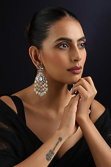 Gold Finish White Kundan Polki & Pearl Dangler Earrings
