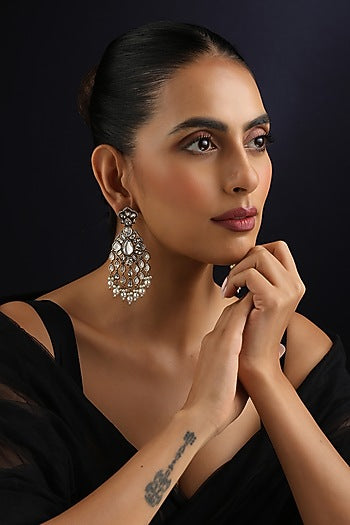 Gold Finish White Kundan Polki & Pearl Dangler Earrings