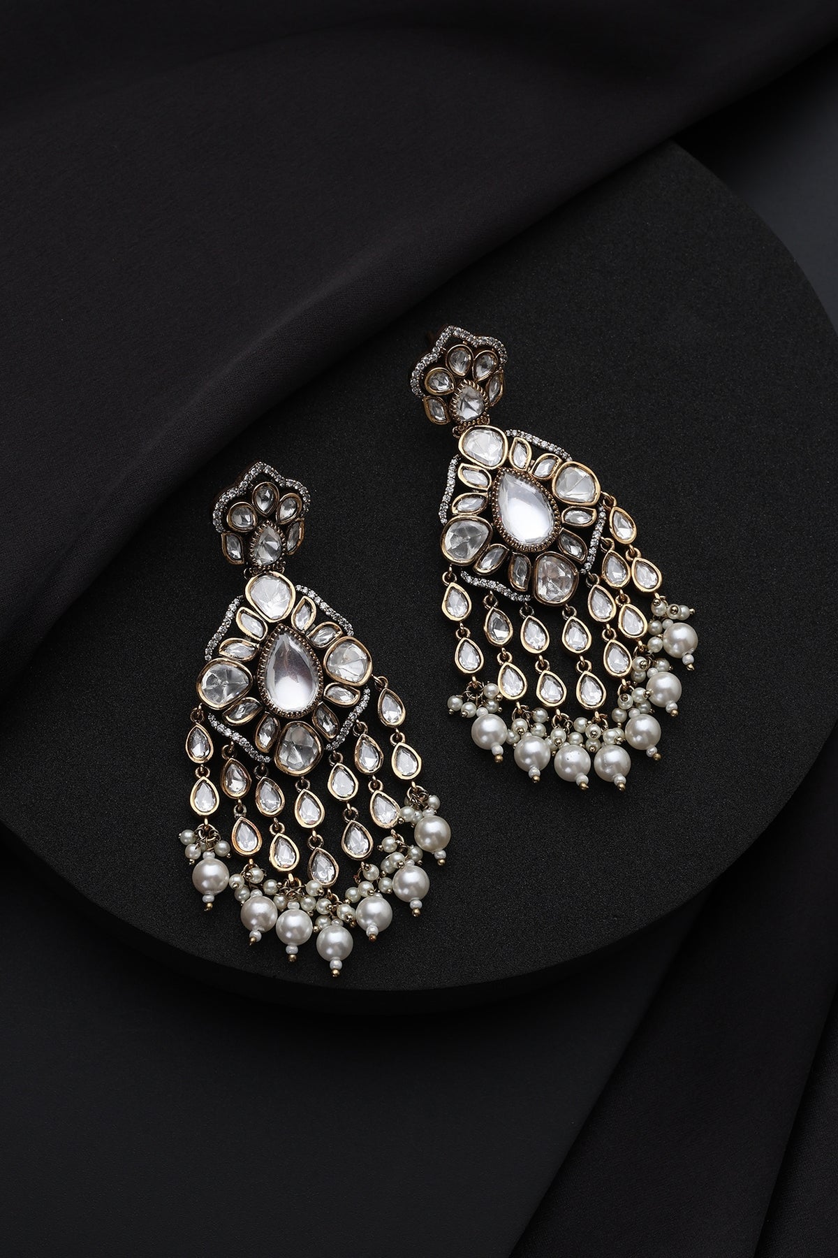 Gold Finish White Kundan Polki & Pearl Dangler Earrings