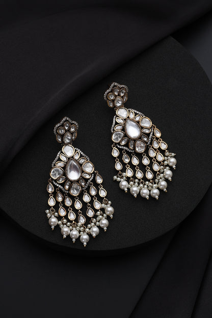 Gold Finish White Kundan Polki & Pearl Dangler Earrings