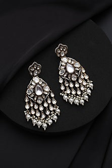 Gold Finish White Kundan Polki & Pearl Dangler Earrings