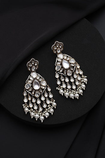 Gold Finish White Kundan Polki & Pearl Dangler Earrings