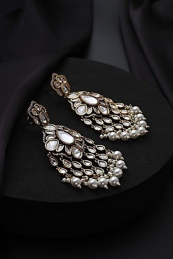 Gold Finish White Kundan Polki & Pearl Dangler Earrings