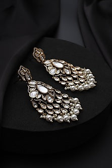 Gold Finish White Kundan Polki & Pearl Dangler Earrings