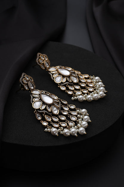 Gold Finish White Kundan Polki & Pearl Dangler Earrings