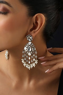 Gold Finish White Kundan Polki & Pearl Dangler Earrings
