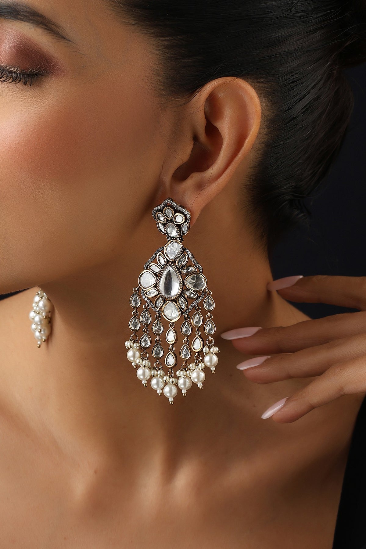 Gold Finish White Kundan Polki & Pearl Dangler Earrings
