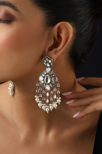 Gold Finish White Kundan Polki & Pearl Dangler Earrings