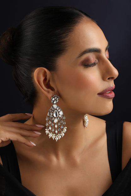 Gold Finish White Kundan Polki & Pearl Dangler Earrings