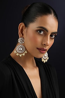 Rose Gold Finish White Kundan Polki & Pearl Dangler Earrings