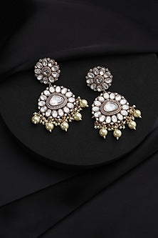 Rose Gold Finish White Kundan Polki & Pearl Dangler Earrings