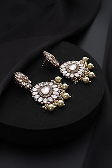 Rose Gold Finish White Kundan Polki & Pearl Dangler Earrings
