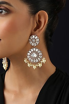 Rose Gold Finish White Kundan Polki & Pearl Dangler Earrings