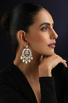 Gold Finish White Kundan Polki & Pearl Chandbali Earrings