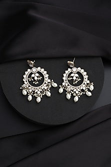Gold Finish White Kundan Polki & Pearl Chandbali Earrings