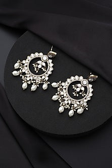 Gold Finish White Kundan Polki & Pearl Chandbali Earrings
