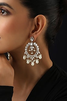 Gold Finish White Kundan Polki & Pearl Chandbali Earrings