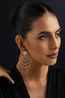 Gold Finish Red Kundan Polki Chandbali Earrings