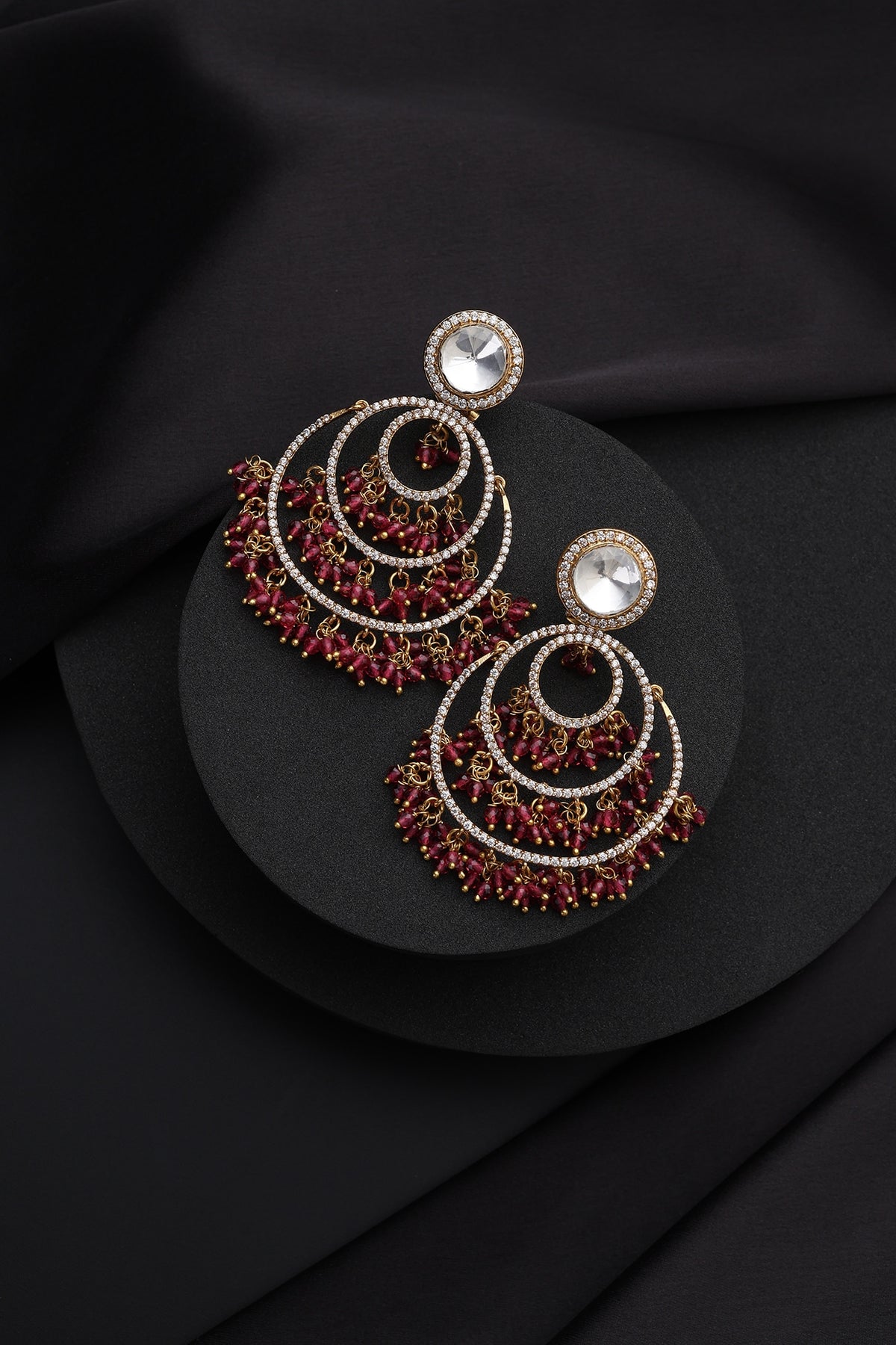 Gold Finish Red Kundan Polki Chandbali Earrings