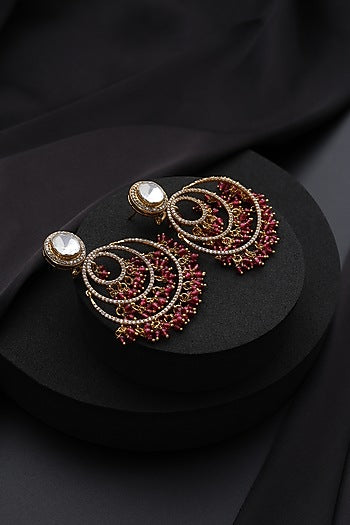 Gold Finish Red Kundan Polki Chandbali Earrings