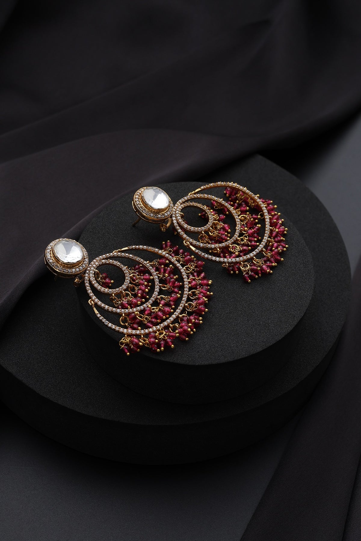 Gold Finish Red Kundan Polki Chandbali Earrings