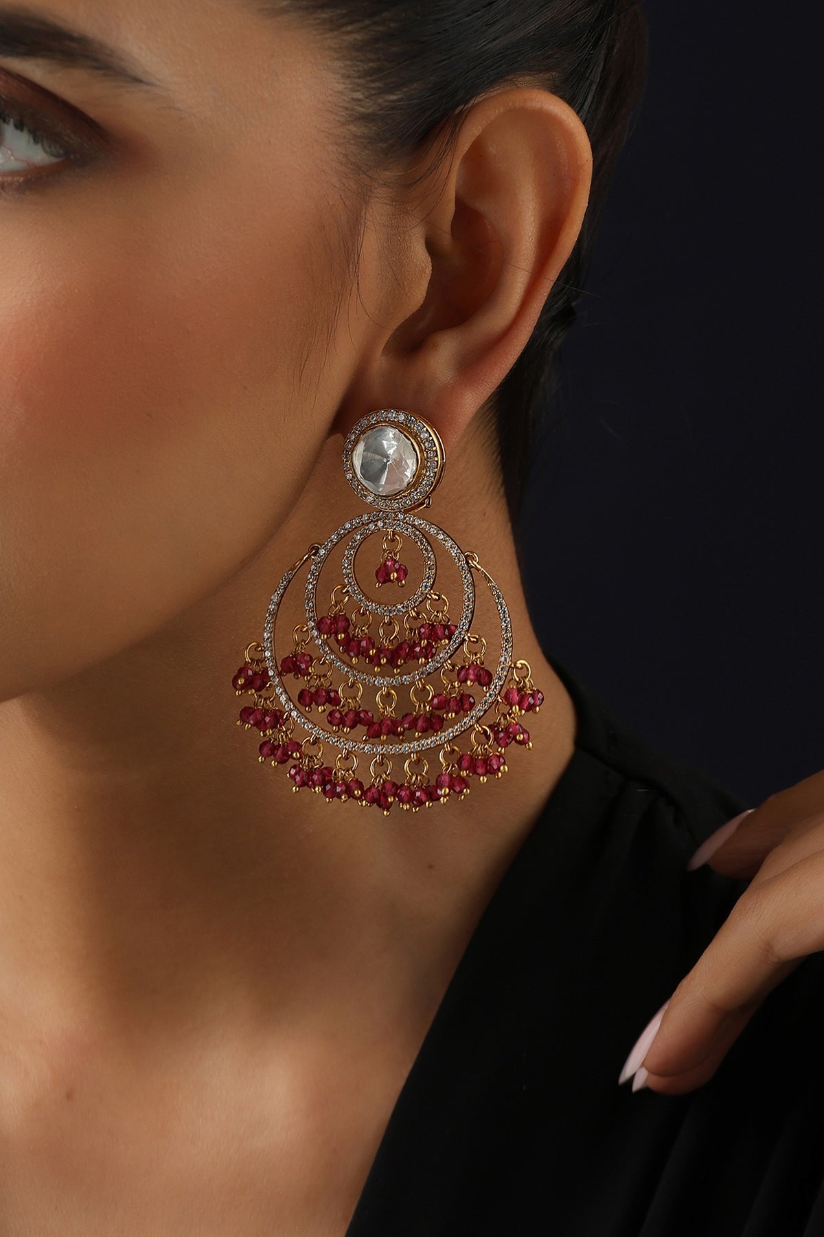 Gold Finish Red Kundan Polki Chandbali Earrings