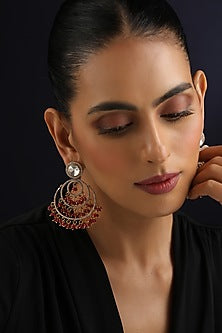 Gold Finish Red Kundan Polki Chandbali Earrings