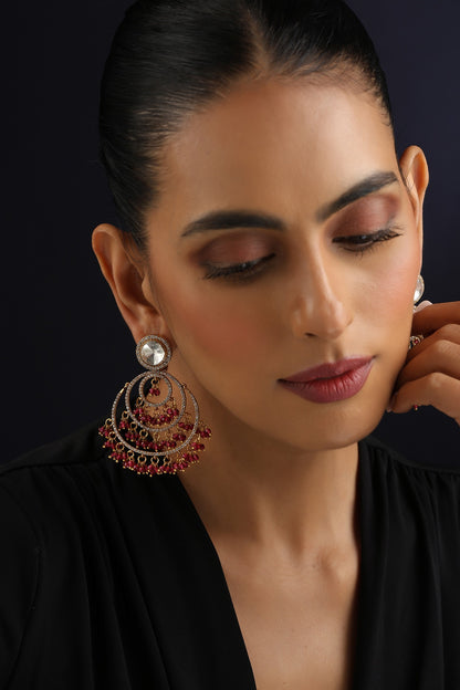 Gold Finish Red Kundan Polki Chandbali Earrings