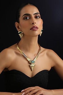Gold Finish Green Kundan Polki Hasli Necklace Set