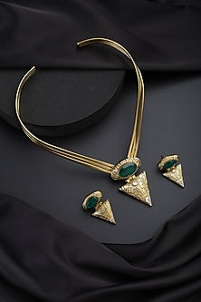 Gold Finish Green Kundan Polki Hasli Necklace Set