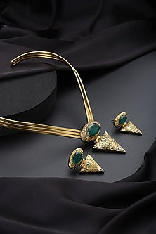 Gold Finish Green Kundan Polki Hasli Necklace Set