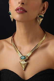 Gold Finish Green Kundan Polki Hasli Necklace Set