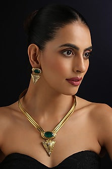 Gold Finish Green Kundan Polki Hasli Necklace Set