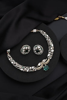 Gold Finish Green Kundan Polki Hasli Necklace Set