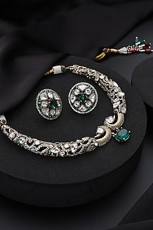 Gold Finish Green Kundan Polki Hasli Necklace Set