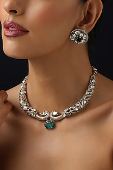 Gold Finish Green Kundan Polki Hasli Necklace Set