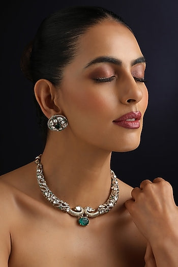 Gold Finish Green Kundan Polki Hasli Necklace Set
