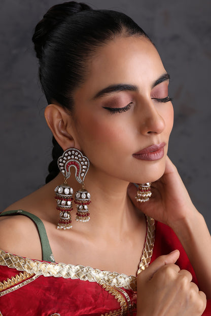 Gold Finish Red Kundan Polki Handcrafted Jhumka Earrings
