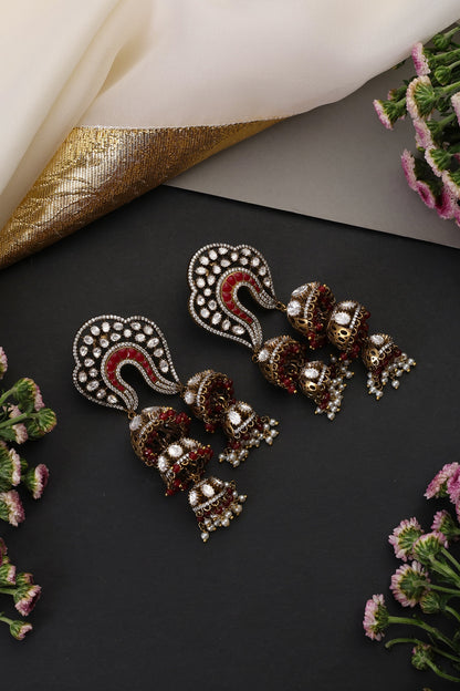 Gold Finish Red Kundan Polki Handcrafted Jhumka Earrings