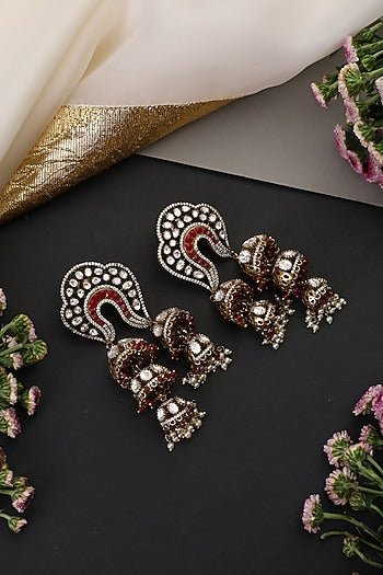 Gold Finish Red Kundan Polki Handcrafted Jhumka Earrings