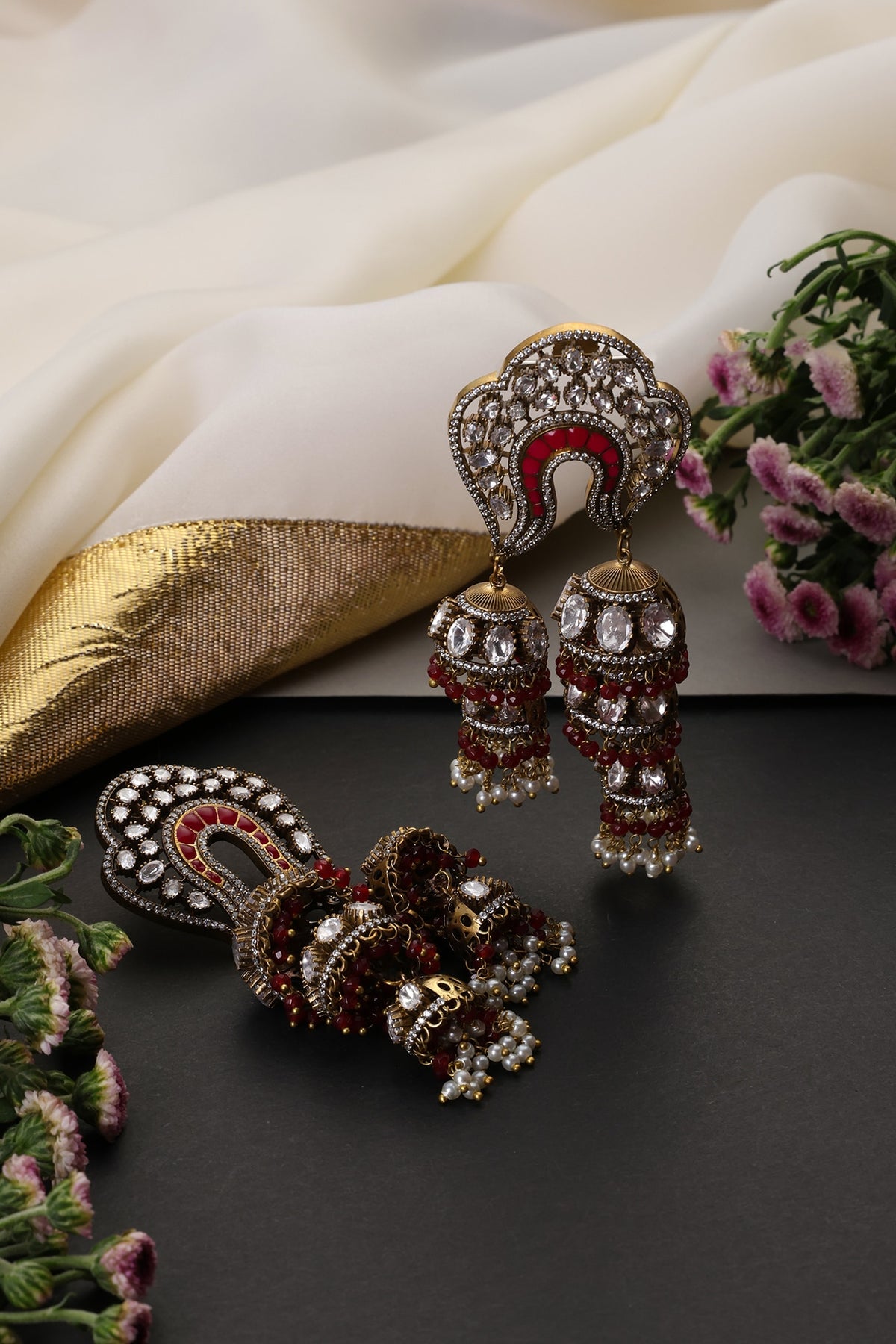 Gold Finish Red Kundan Polki Handcrafted Jhumka Earrings