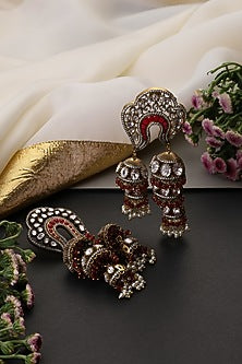Gold Finish Red Kundan Polki Handcrafted Jhumka Earrings