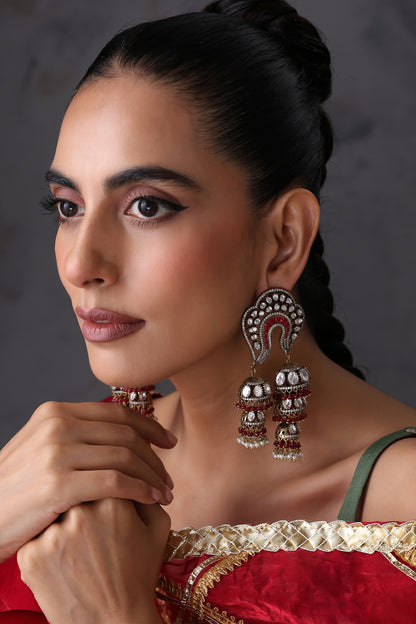 Gold Finish Red Kundan Polki Handcrafted Jhumka Earrings