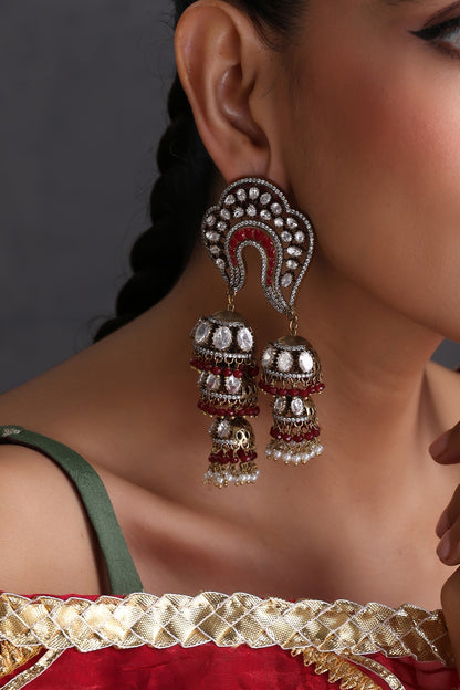 Gold Finish Red Kundan Polki Handcrafted Jhumka Earrings
