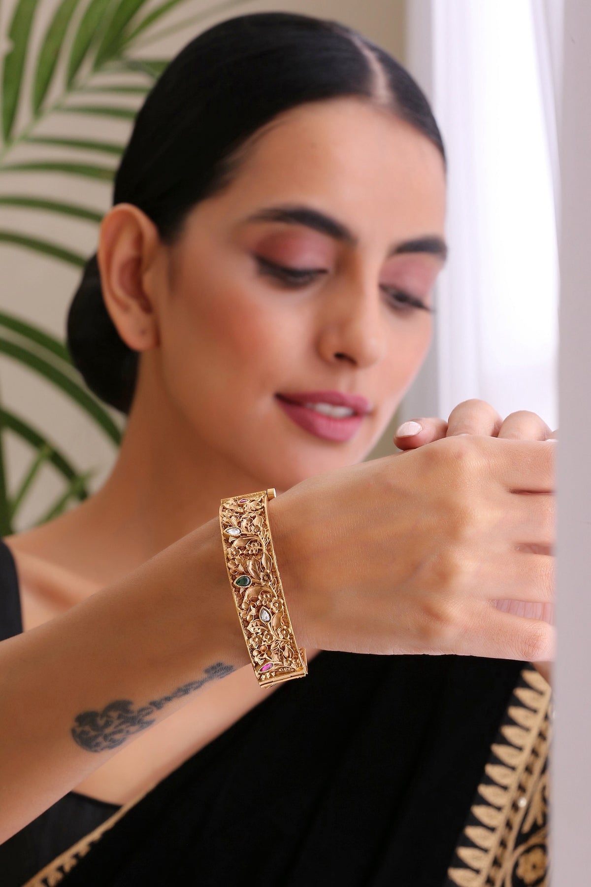 Gold Finish Kada With Kundan Polkis