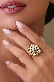 Gold Finish Handcrafted Ring With Kundan Polkis