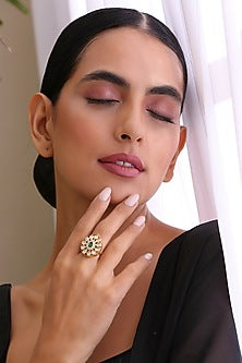 Gold Finish Handcrafted Ring With Kundan Polkis