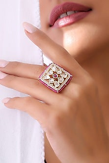 Gold Finish Handcrafted Ring With Kundan Polki