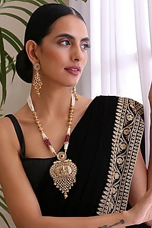 Gold Finish Multi-Colored Stone & Pearl Long Necklace Set