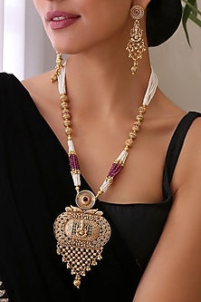 Gold Finish Multi-Colored Stone & Pearl Long Necklace Set
